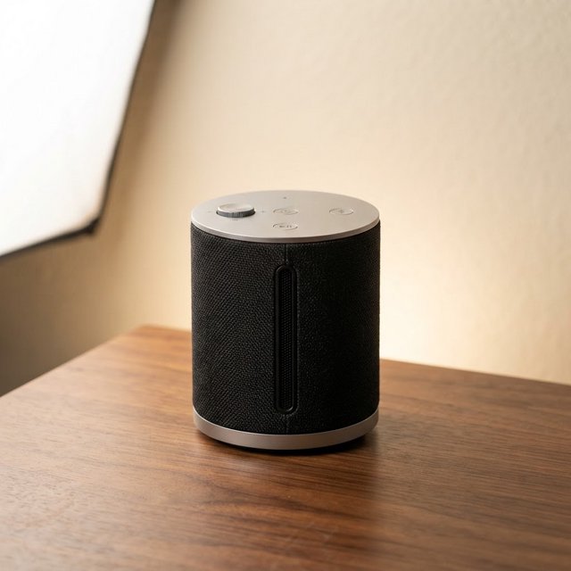 Commercial product photograph of an unbranded wireless speaker made from textured black fabric and satin aluminum, placed on a walnut tabletop against a warm cream background, illuminated by a large softbox and subtle backlight. — Nano Banana 2 Lite