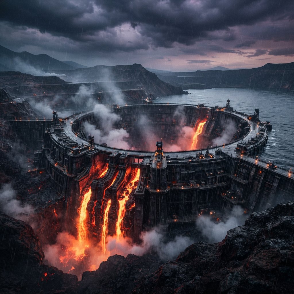 A colossal ring-shaped dam bridges a volcanic caldera, its black stone spillways veined with molten light. Rain veils the terraces as steam rises into a bruised dusk sky. — Nano Banana 2 Lite