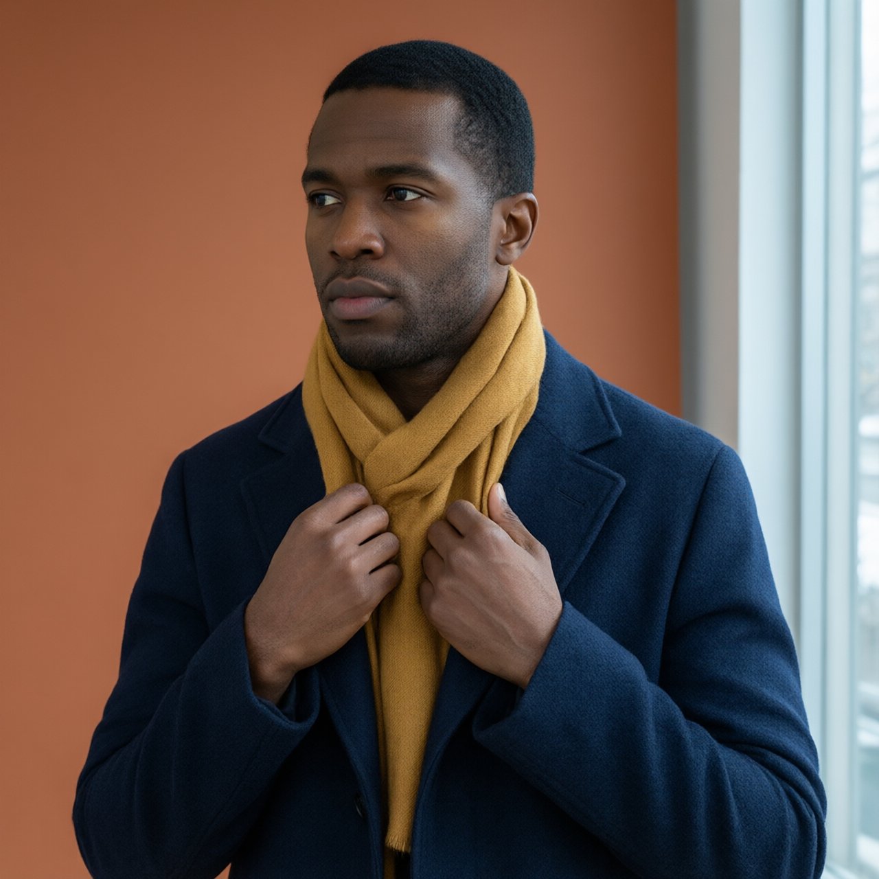 Editorial portrait of an adult Black man in his 30s wearing a deep navy wool overcoat and mustard scarf, fingers adjusting the scarf, thoughtful expression, muted terracotta studio backdrop, crisp cool window light. — Qwen Image 3.0