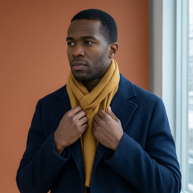 Editorial portrait of an adult Black man in his 30s wearing a deep navy wool overcoat and mustard scarf, fingers adjusting the scarf, thoughtful expression, muted terracotta studio backdrop, crisp cool window light. — Qwen Image 3.0