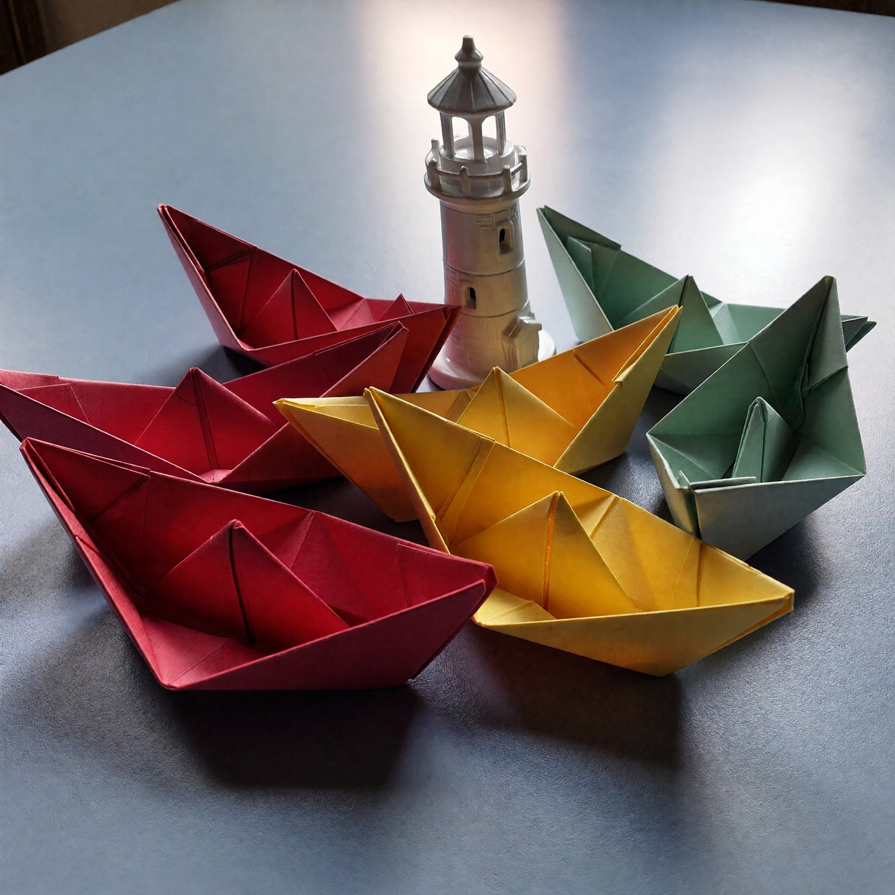 Exactly six folded paper boats sit on a pale blue tabletop: two red boats on the left, two yellow boats in the center, and two green boats on the right. A small white lighthouse figurine stands behind the center pair, nothing else. — ImagineArt 1.5 Pro