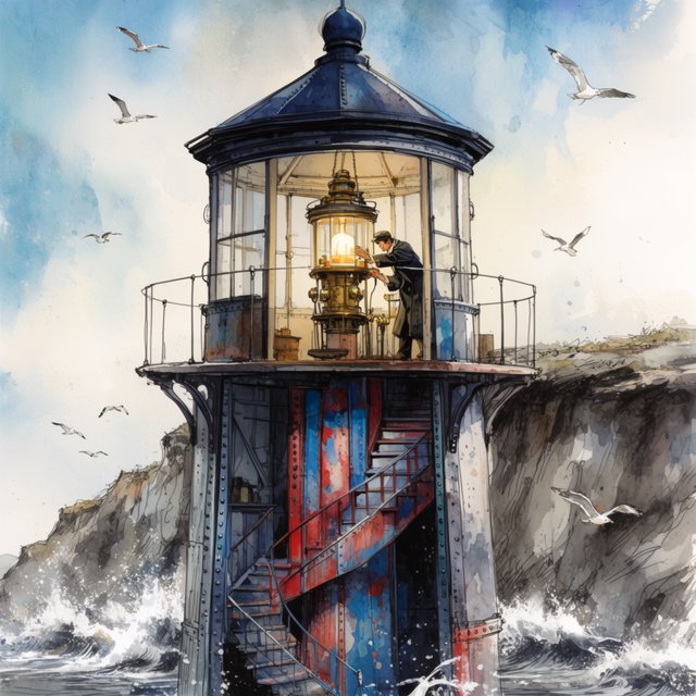 Ink-and-watercolour illustration of an adult lighthouse keeper repairing a brass lantern inside a windswept cliff tower, gulls circling beyond the window and sea spray glowing below. Palette of navy, rust, seafoam, and warm ivory, with expressive linework. — Krea 2 Large