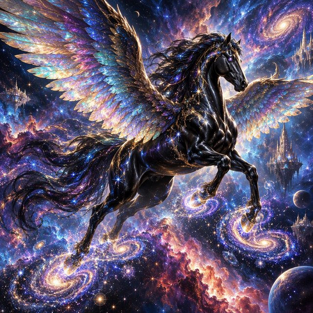A majestic winged horse, with iridescent feathers and a coat like polished obsidian, is soaring through a celestial realm filled with nebulae and shimmering stardust. Around its hooves, tiny galaxies spiral outwards. The style is reminiscent of intricate fantasy illustration, with glowing, ethereal colors and a sense of deep cosmic wonder — GPT Image 2.5 Flare