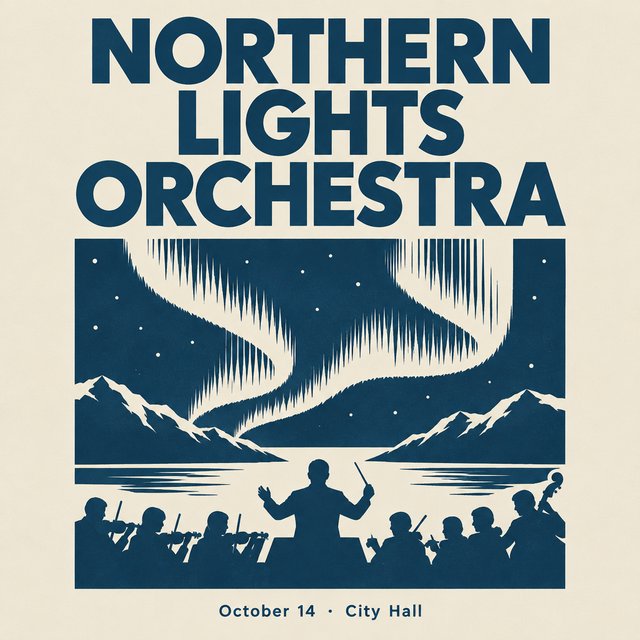 A minimalist concert poster with the words "NORTHERN LIGHTS ORCHESTRA" large at the top and "October 14 · City Hall" small at the bottom, two-colour print. — GPT Image 2.5 Flare