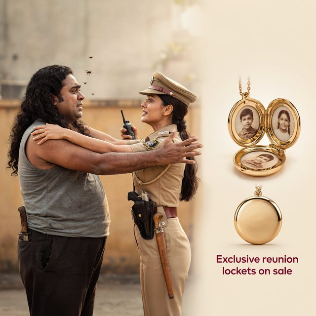 A reunion of long-lost brother and sister, as depicted in Bangladeshi films. The brother is now a thug, he is overweight, with badly cut, long, curly hair. He wears a sleeveless T-shirt. A large knife peeks out of his trousers. His arms open wide to hug his sister. He stinks. So a few flies hover around his head. His sister, typically the film heroine, and therefore very attractive. But she's a cop wearing a cap and body-fitting khaki police dress. A gun in her holster, a baton by her belt, plus a walkie talkie in her one hand. Her arms are also open wide to hug the brother. Both are tearful. They must be placed on one side of the image. On the other side of the image, we place some products from the film that we want to sell: A circular locket that is open like a book, with childhood pictures of the brother and the sister on two sides. Below this open locket, we show a closed locket. Add text: Exclusive reunion lockets on sale. — Model 8