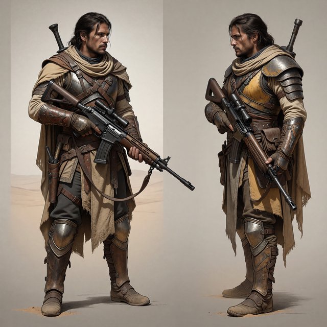 Character design sheet of a desert ranger in layered sand-coloured armour with a long rifle, front and side view, neutral background. — ImagineArt 1.5 Pro