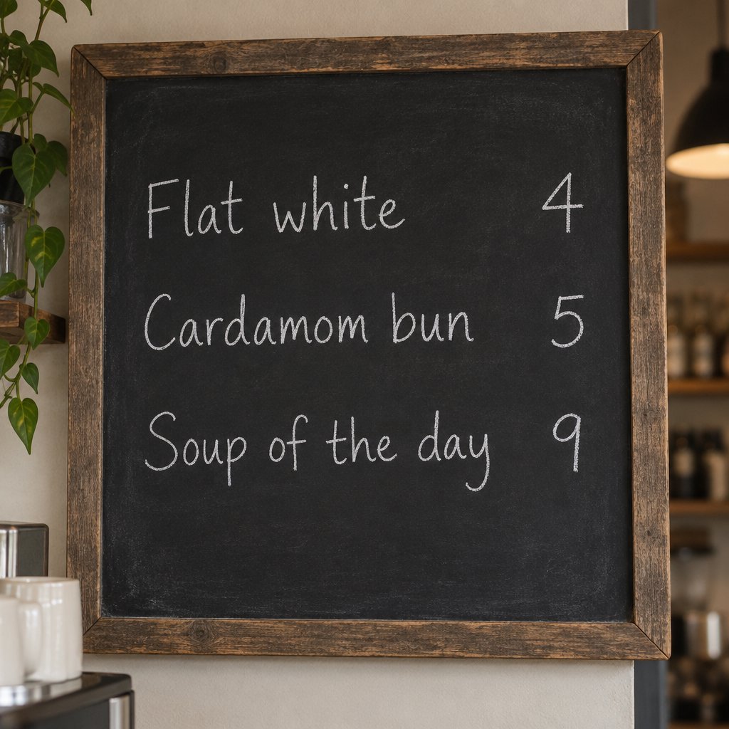 A café chalkboard listing exactly three items: "Flat white 4", "Cardamom bun 5", "Soup of the day 9", in neat chalk handwriting. — GPT Image 2.5 Sunburst