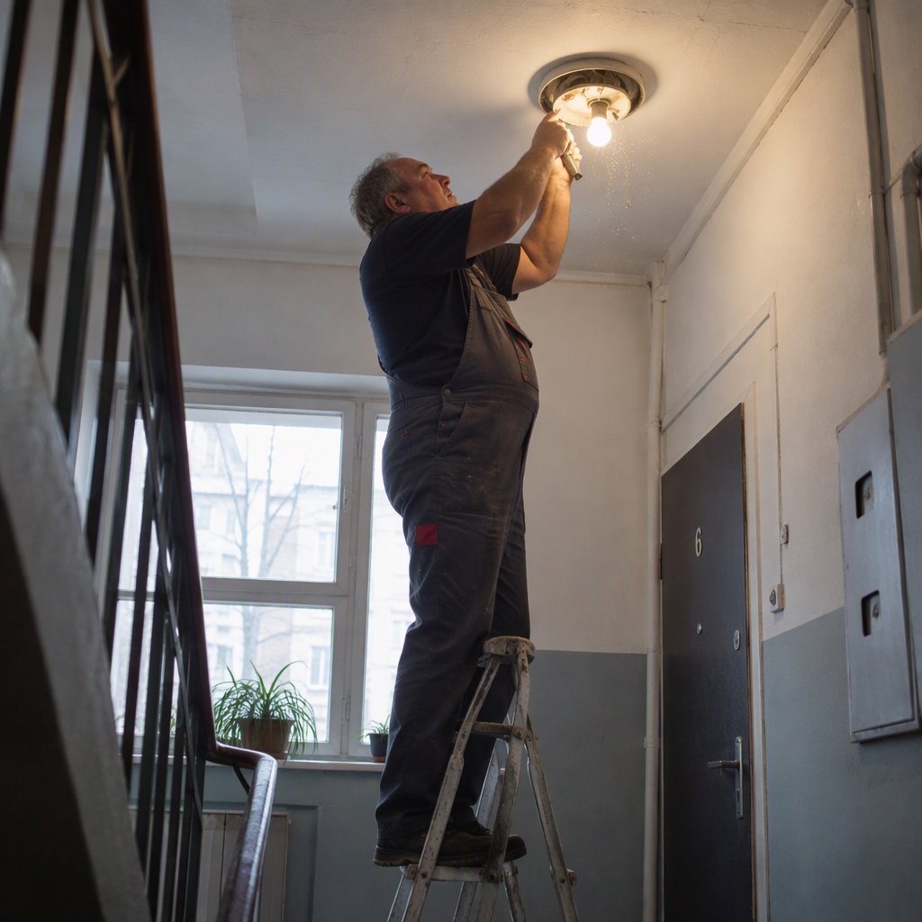 Candid documentary photograph of an adult building caretaker changing a ceiling light in a quiet apartment stairwell, pale afternoon window light, 35mm lens with moderate depth of field, plaster dust drifting from the fixture. — GPT Image 2.5 Sunburst