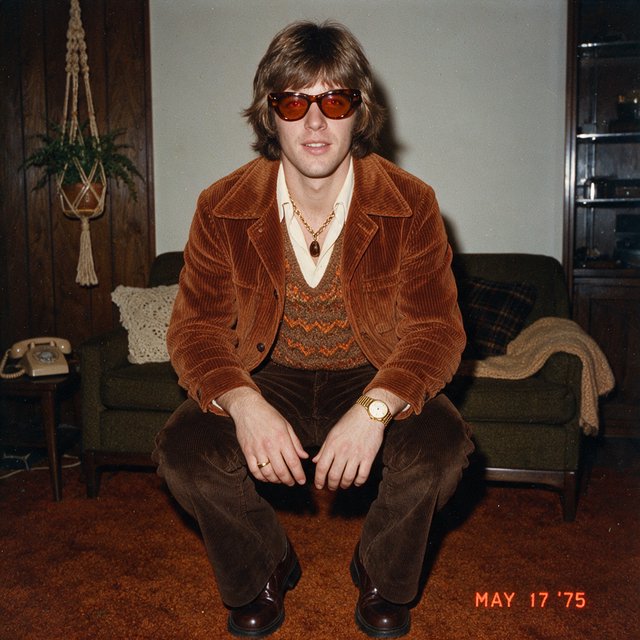 Create an image of a man in the quintessential style of 1975. Style his hair, clothing, accessories, and surroundings to reflect the distinctive look of the mid-1970s—featuring bold silhouettes, eye-catching accessories, layered details, and characteristic colors and textures. Give the image the feel of an authentic 1975 photograph, complete with analog film grain, faded colors, direct flash lighting, and a slight soft-focus effect. Add a period-accurate, red-orange date stamp in a 1970s style in one of the bottom corners. No recognizable posters. No modern objects or text. — Seedream 5.0 Pro