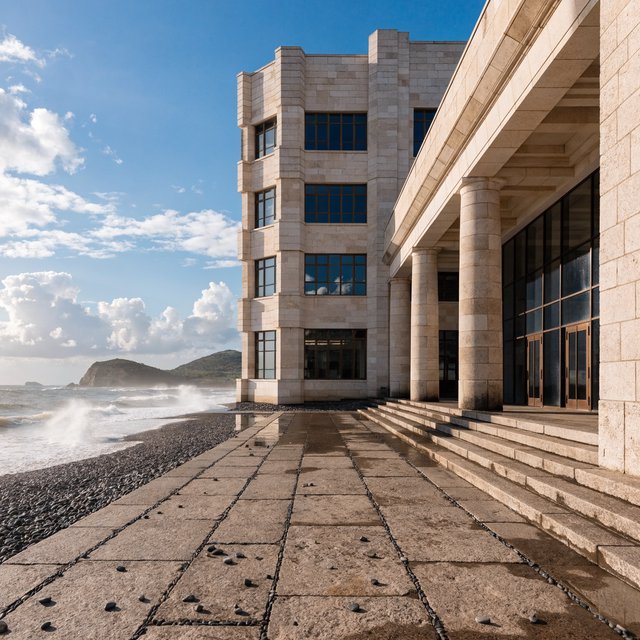 Exterior of a coastal Art Deco ferry terminal, cream limestone, dark bronze window frames, stepped geometric tower and sheltered arcade, late-morning sunlight casting sharp shadows, viewed from across a windswept stone forecourt, realistic architectural photography with precise lines and plausible structure. — Recraft v4 Pro