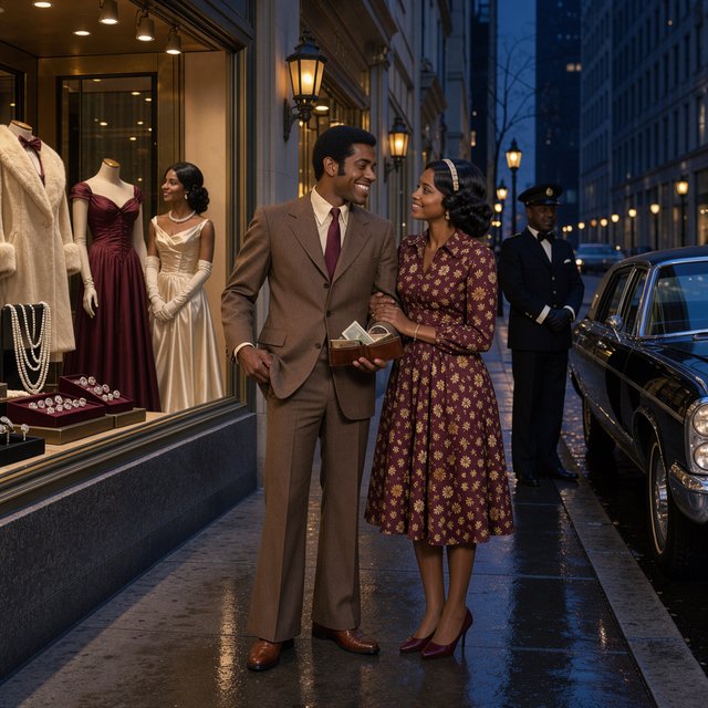 Cinematic city scene at night, with the glamour of 1970s soul romance. In the foreground, a young Black man in a modest brown wide-lapel suit smiles at his adult beloved, playfully turning out his empty trouser pocket while holding an almost-empty wallet. His adult girlfriend wears a burgundy patterned dress and delicate hairband; she holds his arm and gazes at him lovingly, unconcerned by his lack of money. Beside them, a grand department-store window glows amber, displaying a luxurious fur coat, regal evening gown, diamond rings and strings of pearls. In the glass, their reflections appear elegantly dressed, hinting at the lavish life he dreams of giving her. A polished black limousine waits at the curb beside a uniformed chauffeur. Wet pavement mirrors golden lights; deep blue city buildings balance the amber, cream and burgundy palette. Warm, joyful, sincere mood; realistic faces and hands, detailed fabrics and reflections. No text, borders or collage. — FLUX 3 Image