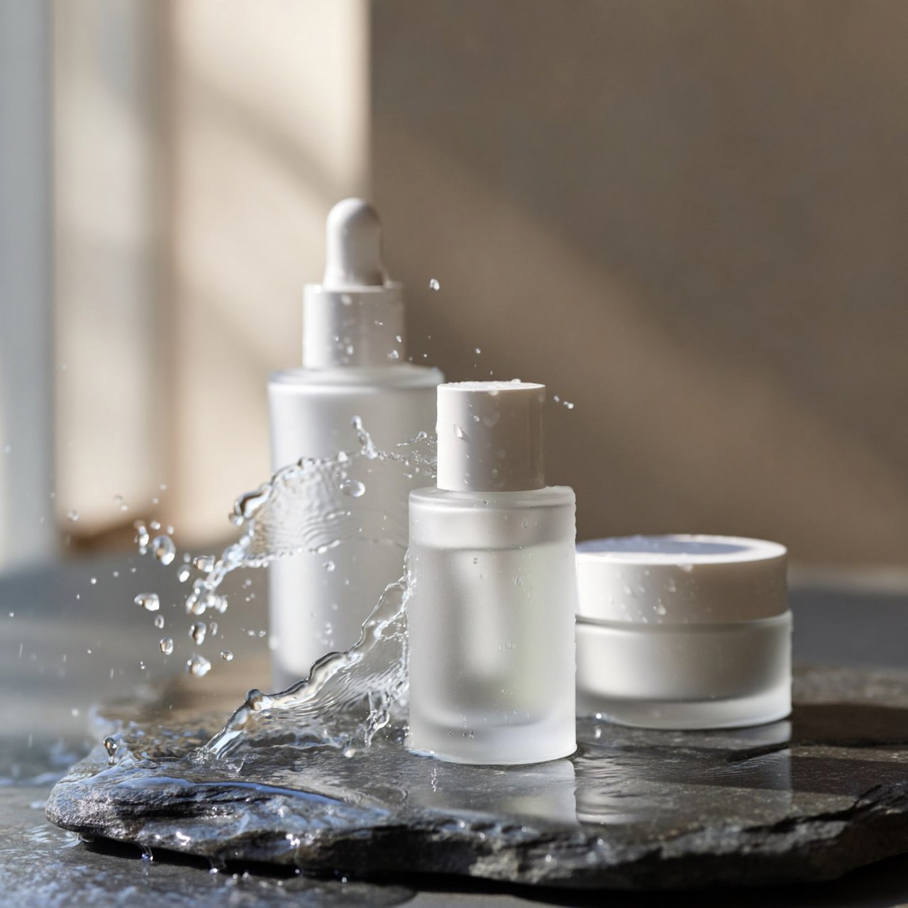 Three frosted glass skincare bottles on a wet stone surface with a splash of water, morning light, shallow depth of field. — ImagineArt 2