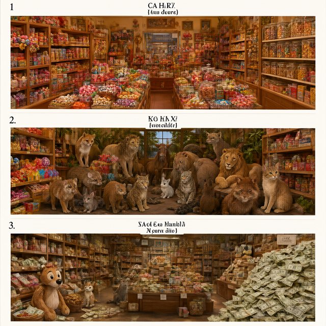 Realistic. Three scenes in one. 1) A room filled with many types of candy. 2) A room filled with many kinds of animals. 3) A room filled with all kinds of money. Above each room, a list names what is inside. — Qwen Image 3.0