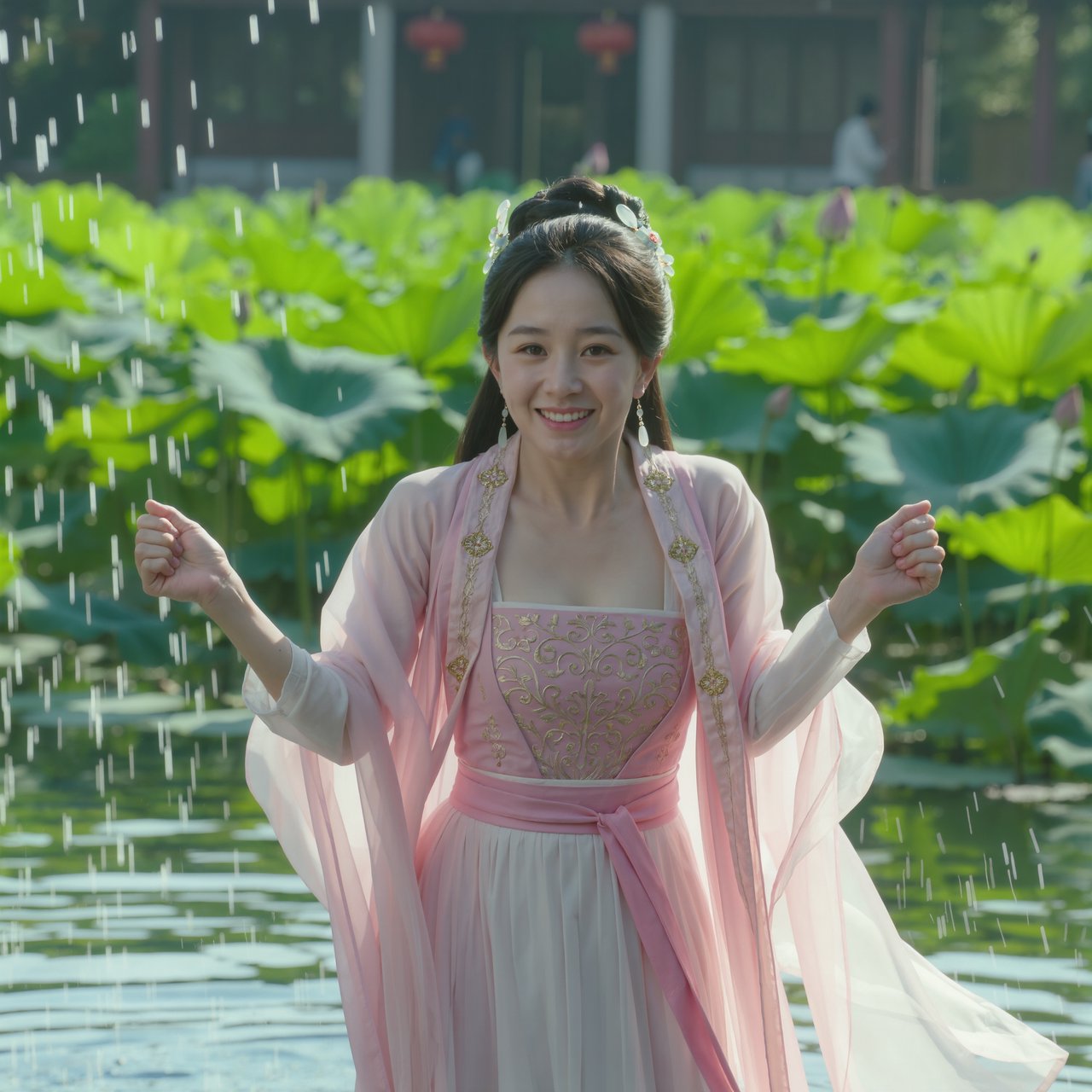 Cinematic shot, a breathtakingly stunning adult Chinese woman from ancient times playing joyfully by a crystal-clear lotus pond, mid-summer afternoon. She is wearing an exquisite, flowing silk Hanfu dress in pastel pink and white with intricate gold embroidery. Her face is porcelain-smooth, with delicate makeup, long black hair elegantly styled with jade hairpins, and a radiant, charming smile. Water droplets frozen in mid-air, sunlight filtering through lush green lotus leaves, creating dappled light on her skin. Shallow depth of field, bokeh background of traditional Chinese architecture, hyper-realistic, soft natural lighting, serene yet playful atmosphere. — Kling v3 Omni