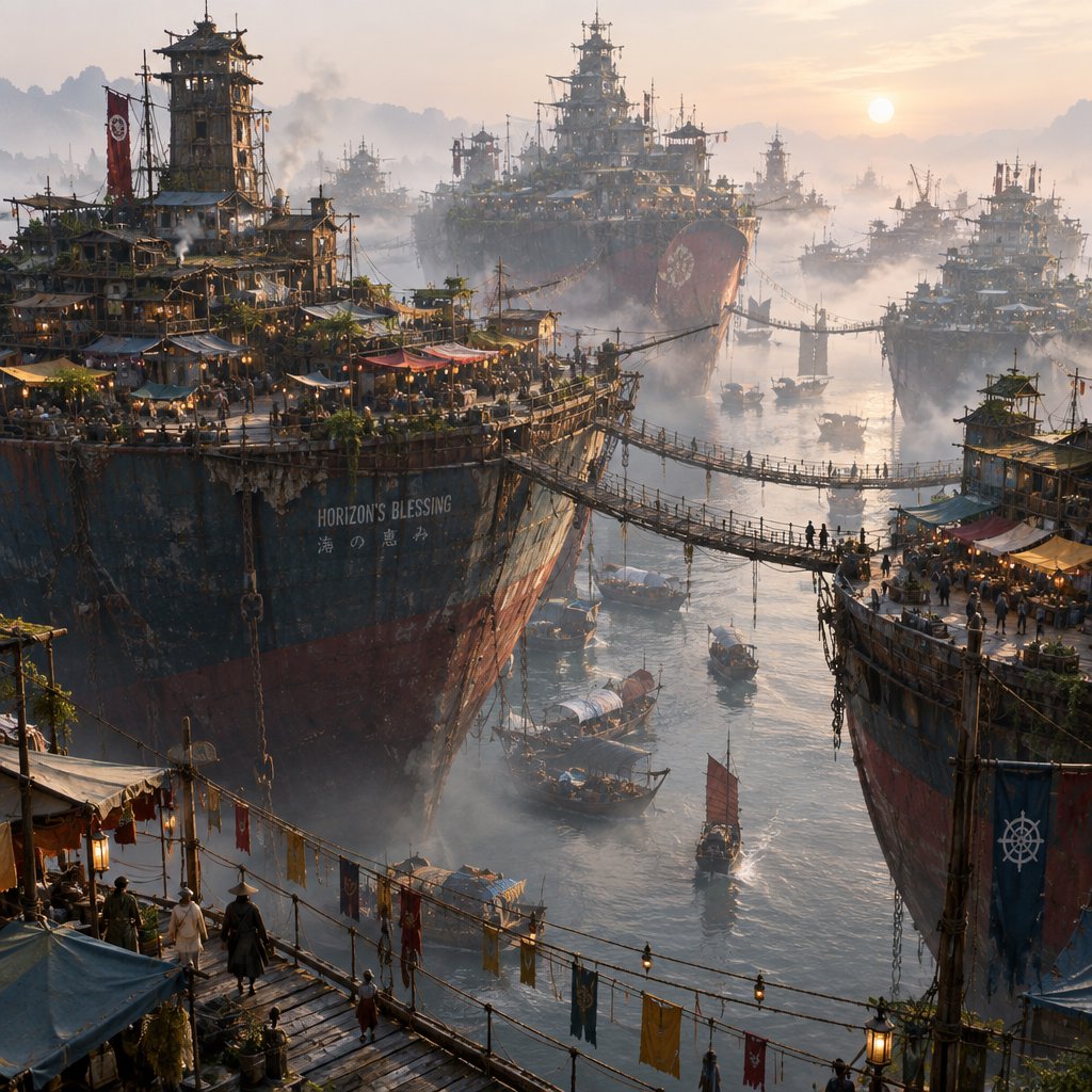 A floating market city built on the hulls of giant upturned ships, rope bridges, morning haze, wide establishing shot. — GPT Image 2.5 Flare