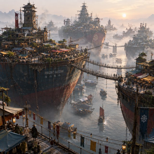 A floating market city built on the hulls of giant upturned ships, rope bridges, morning haze, wide establishing shot. — GPT Image 2.5 Flare