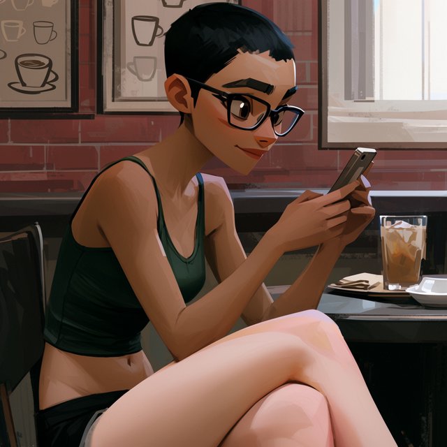 SUBJECT: Side view of a young woman seated at a cafe table, beautiful legs crossed, reading her phone. CHARACTER: 25-year-old woman with an extremely short black pixie cut, all hair under one inch. Stylish glasses, tight dark green ribbed tank top, bare midriff, shorts, comfortable shoes. SETTING: Trendy urban cafe, red brick walls decorated with framed sketches of coffee mugs. STYLE: Stylized semi-realistic digital painting, animation-inspired characters and environments. Expressive faces, large eyes, strong brows, simplified anatomy, convincing 3D volume and depth. Painterly shape-based rendering, minimal outlines, soft blended shading, broad angular brushstrokes. Luminous colors, warm undertones, restrained highlights. Hair and textures rendered in sculpted masses with selective fine detail. Muted charcoal and earthy palette, soft directional light, cohesive shadows, atmospheric depth. Detailed eyes and lips, simplified backgrounds, loose edges, unfinished brushwork. — Model 11