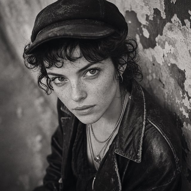 A monochrome, grainy, photorealistic medium close-up shot from a high angle: a young woman with messy, short curls, fair, freckled skin, and an intense, direct gaze into the camera. She is wearing a faded, worn-in black flat cap, a distressed vintage leather jacket over a dark undershirt, several thin silver chains, and a small hoop earring. Soft, diffused side lighting from the left casts gentle shadows across her face. In the background, a weathered wall with peeling plaster. Shallow depth of field, a moody, gritty film aesthetic, and sharp focus on the subject's eyes. — GPT Image 2