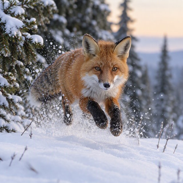A red fox springs through powdery snow at the edge of a pine forest, ears forward and paws suspended. A real-world wildlife telephoto photograph in pale dawn light, 300mm lens, with snow crystals frozen midair. — Model 3