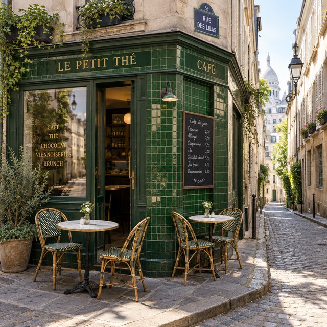A tiny corner café in a narrow European street, green tiled facade, two bistro tables, morning light, no people. — GPT Image 2.5 Flare