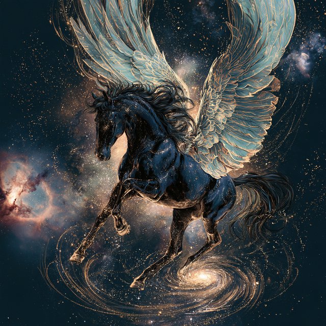 A majestic winged horse, with iridescent feathers and a coat like polished obsidian, is soaring through a celestial realm filled with nebulae and shimmering stardust. Around its hooves, tiny galaxies spiral outwards. The style is reminiscent of intricate fantasy illustration, with glowing, ethereal colors and a sense of deep cosmic wonder — Midjourney V8.2