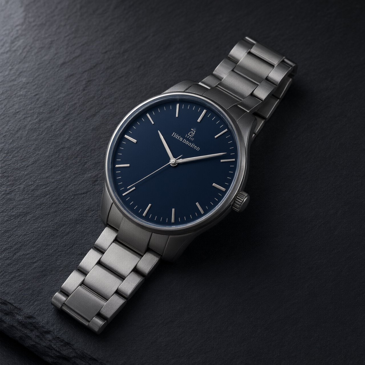 Product shot of a minimalist steel wristwatch with a navy dial on dark slate, single softbox from the upper left, subtle reflection. — Qwen Image 3.0