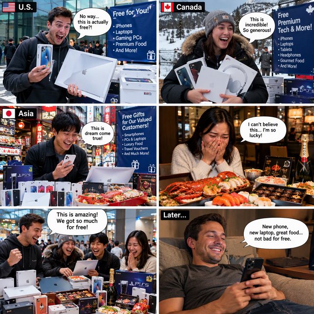 Realistic. Adults in the U.S., Canada, and Asia getting a ton of expensive free stuff (phones, PCs, nice food, and all kinds of other things). 4–6 panels. The adults react in the way one would expect as a result. — GPT Image 2.5 Flare
