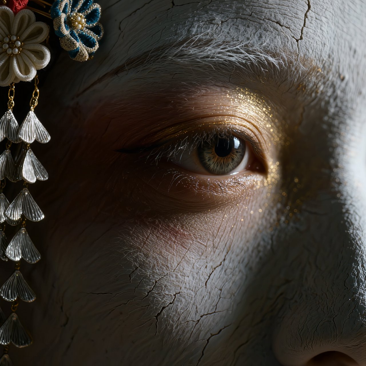 Extreme close-up macro photography of a Geisha's face. The focus is on her eyes, revealing intense emotion and hyper-realistic detail. Her skin is covered in traditional white 'Oshiroi' makeup, showing subtle, realistic cracking and skin texture. Dramatic Chiaroscuro lighting with deep shadows and a single soft light source highlighting the shimmer in her golden eyeshadow and the wetness of her eyes. Ornate kanzashi (hair ornaments) visible in the blurred periphery with intricate silk flowers and dangling silver petals. Cinematic composition, shot on 100mm macro lens, incredibly detailed eyelashes and iris patterns. — Kling v3