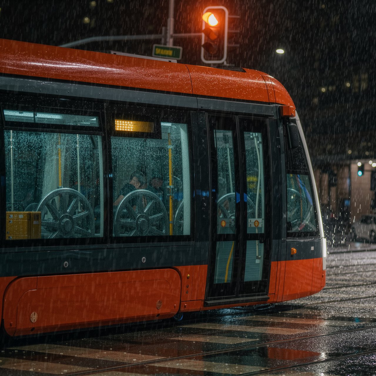 At a rain-darkened intersection, a tram grinds through a curve, its steel wheels shining beneath amber signal glow. A street-level news photo, shot on a 35mm lens with moderate depth of field, catches beads of water on the windows and slight wheel blur. — Kling v3 Omni