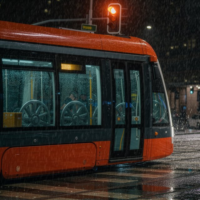 At a rain-darkened intersection, a tram grinds through a curve, its steel wheels shining beneath amber signal glow. A street-level news photo, shot on a 35mm lens with moderate depth of field, catches beads of water on the windows and slight wheel blur. — Kling v3 Omni
