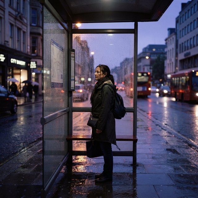 Candid documentary photograph of an adult waiting beside a city bus shelter at dawn, sodium streetlights fading into cool blue daylight, 50mm lens with shallow depth of field, fine rain droplets clinging to the shelter glass. — Nano Banana 2 Lite