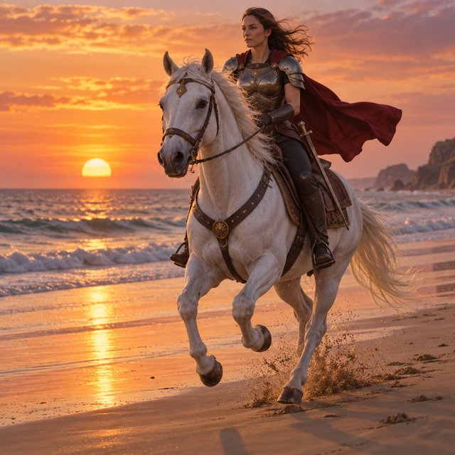 An adult female warrior on her white steed galloping along a fine-sand beach at sunset. — GPT Image 2.5 Sunburst