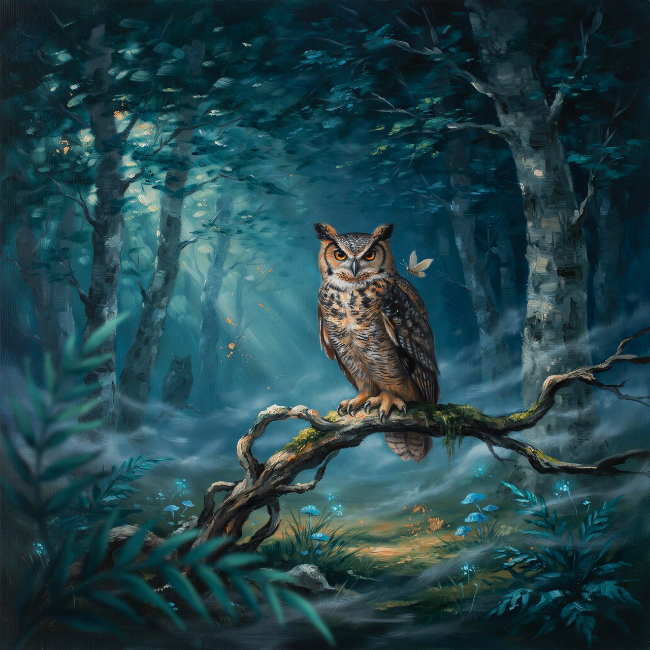 A majestic owl with ancient, knowing eyes perched on a gnarled branch within an ethereal forest. Moonlight filters through the dense canopy, illuminating swirling mists and glowing flora. The scene evokes a sense of deep mystery and ancient magic. Rendered in the style of magical realism with rich oil painting textures. — Ideogram v4
