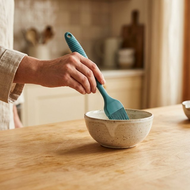 Across a honed maple counter, an adult hand guides an unbranded silicone pastry brush over a ceramic bowl; its ribbed teal handle catches diffused key light and warm bounce against a cream kitchen background, face cropped out, no lettering, commercial product image. — Nano Banana 2.1
