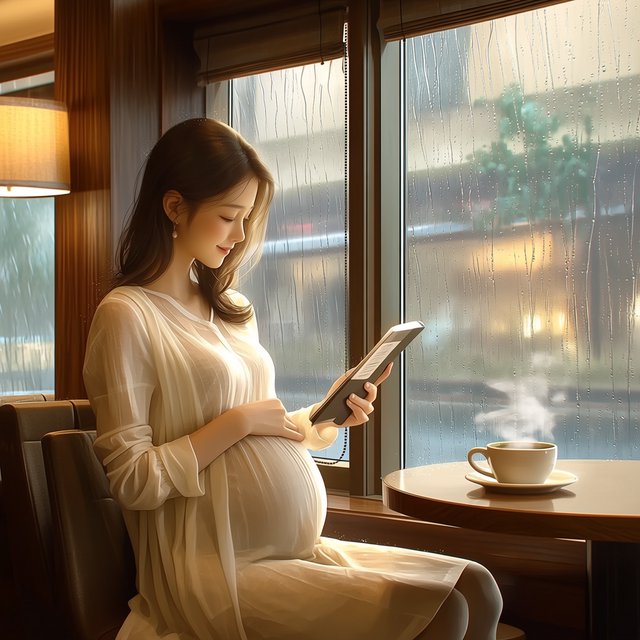 Photorealistic cinematic scene of a pregnant Chinese woman sitting in a cozy café by the window, reading a book. She appears calm, gentle, and thoughtful, with one hand resting naturally near her belly. On the table beside her is a cup of coffee, softly steaming. Outside the large window, heavy rain pours down, with streaks of water on the glass and a blurred rainy street beyond. The café interior is warm and inviting, with soft ambient lighting, wooden textures, and a peaceful atmosphere that contrasts with the storm outside. The composition should feel intimate, emotional, and serene, with the woman as the clear focal point. — Midjourney Niji 7