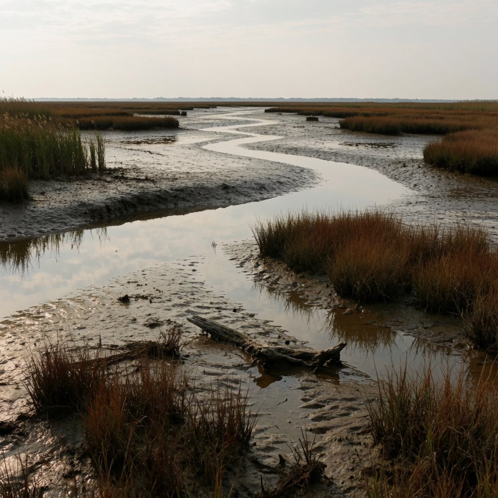 An expansive salt marsh at low tide under a pale overcast afternoon, winding channels reflecting silver sky between russet grasses, a weathered driftwood branch in the foreground, distant reeds and receding mud ridges revealing layered depth and wet natural texture. — Krea 2 Medium