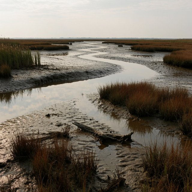 An expansive salt marsh at low tide under a pale overcast afternoon, winding channels reflecting silver sky between russet grasses, a weathered driftwood branch in the foreground, distant reeds and receding mud ridges revealing layered depth and wet natural texture. — Krea 2 Medium