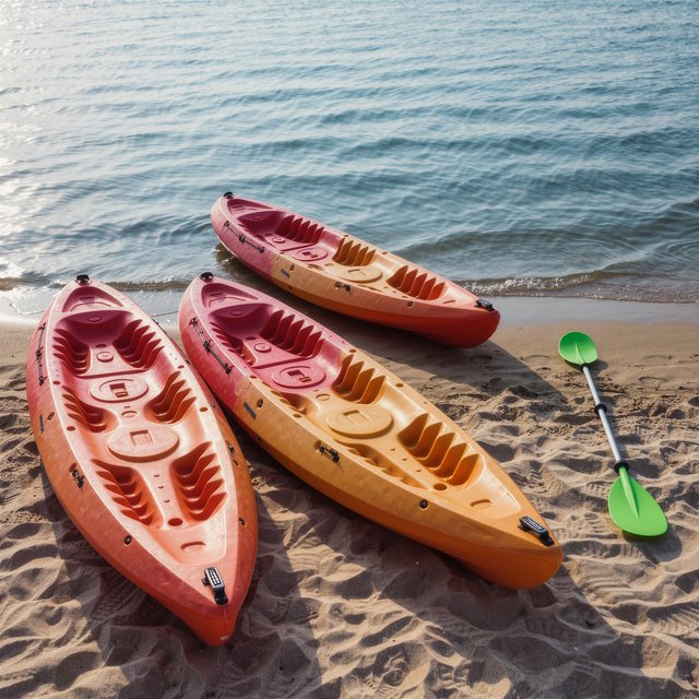 Exactly three orange kayaks rest on a sandy shore: two side by side in the foreground and one behind them near the water. A green paddle lies to the right of the kayaks, nothing else. — Kling v3 Omni
