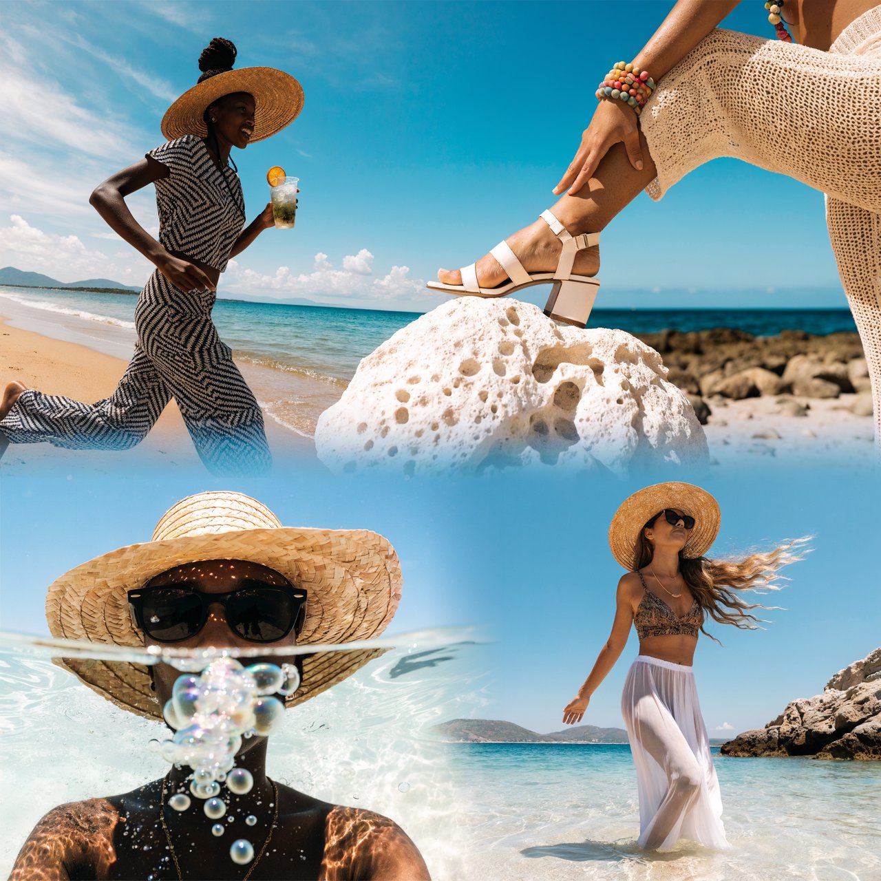 Photorealistic collage of at least four distinct beach scenes showing adult women from around the world having fun, with each scene presented from a different camera angle. — Recraft v4 Pro