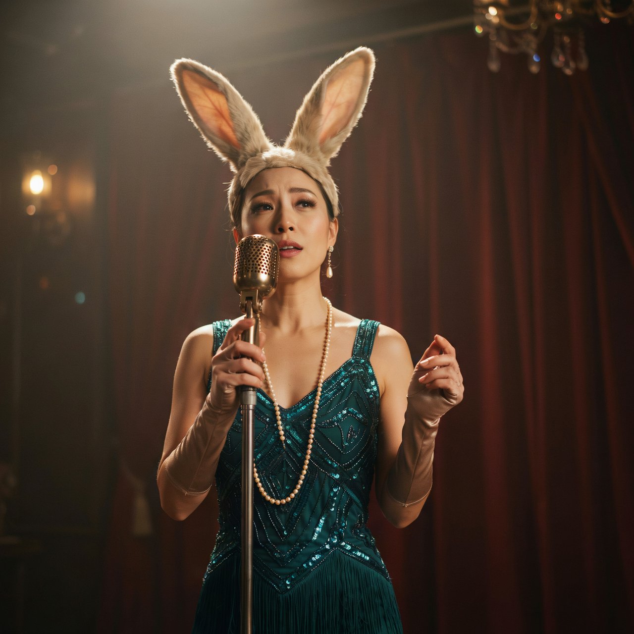 Anthropomorphic rabbit-human hybrid. No human ears visible; the areas where ears would normally be are covered by rabbit fur. A pulchritudinous East Asian 32-year-old wearing a luxurious flapper dress with a deep V split down the center, standing on stage behind a luxurious retro microphone, singing her heart out into it. Taken with a professional DSLR camera and a 35mm lens. Background bokeh, stage lights with a bloom effect. — Ideogram v4