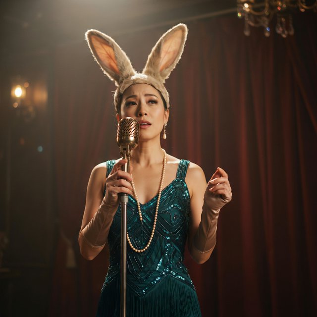 Anthropomorphic rabbit-human hybrid. No human ears visible; the areas where ears would normally be are covered by rabbit fur. A pulchritudinous East Asian 32-year-old wearing a luxurious flapper dress with a deep V split down the center, standing on stage behind a luxurious retro microphone, singing her heart out into it. Taken with a professional DSLR camera and a 35mm lens. Background bokeh, stage lights with a bloom effect. — Ideogram v4