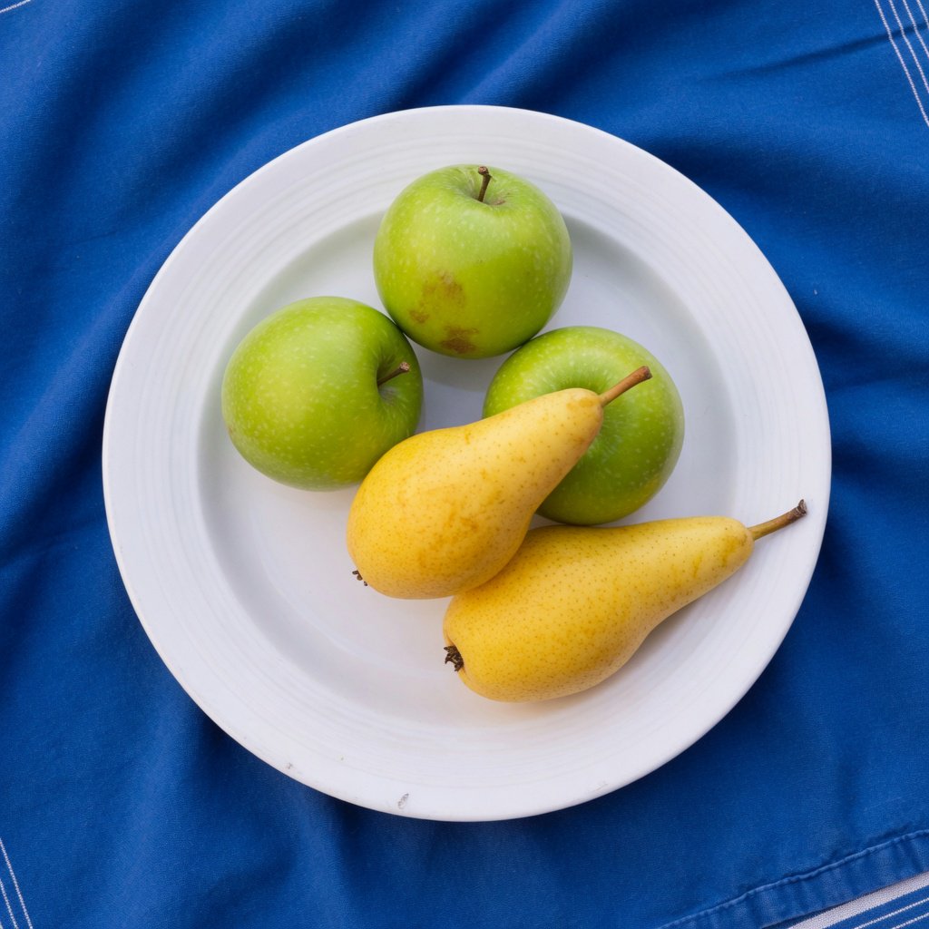 Exactly three green apples and two yellow pears on a white plate, the plate on a blue tablecloth, nothing else on the table. — Grok Imagine Image Quality