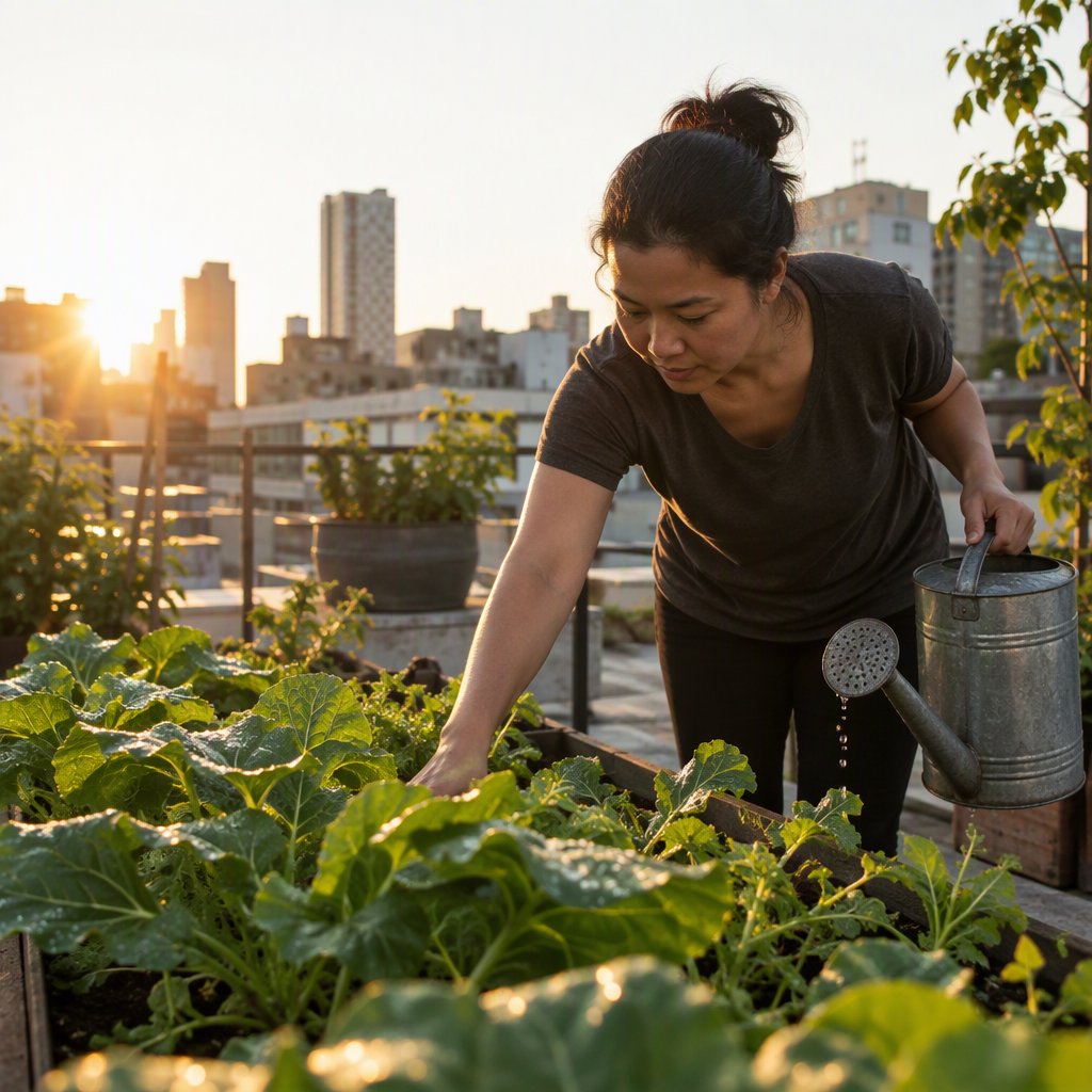 Candid documentary photograph of an adult tending a rooftop vegetable garden in the late afternoon, soft side light, 50mm lens with moderate depth of field, water droplets glinting on freshly watered leaves. — GPT Image 2.5 Sunburst