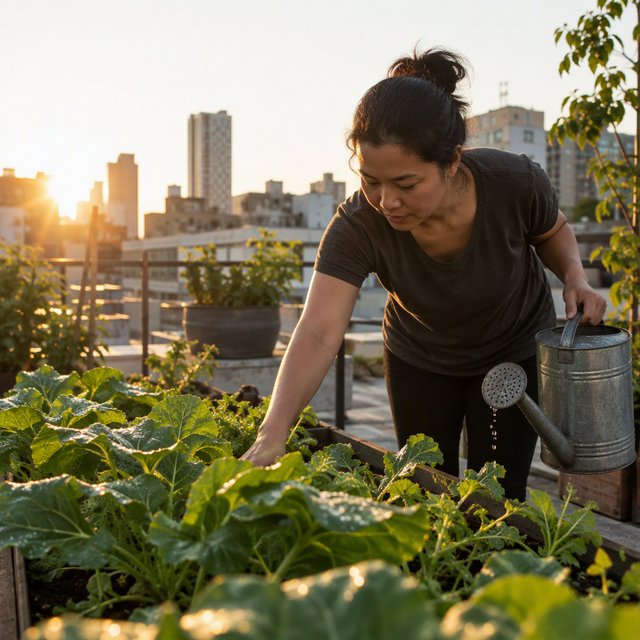 Candid documentary photograph of an adult tending a rooftop vegetable garden in the late afternoon, soft side light, 50mm lens with moderate depth of field, water droplets glinting on freshly watered leaves. — GPT Image 2.5 Sunburst
