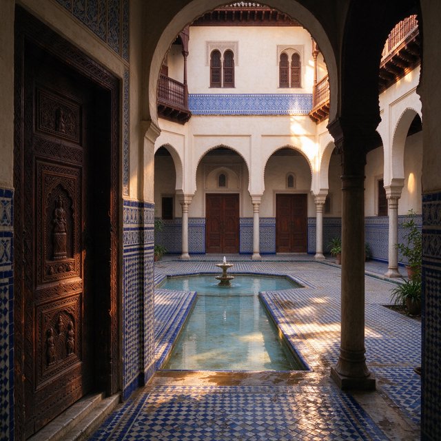 From a shaded courtyard entrance, Moorish Revival residences enclose a tiled fountain court, with cream stucco, carved cedar doors, and blue ceramic bands; late sunlight filters through arcades, revealing aligned walls and credible supports. — Seedream 5.0 Flash