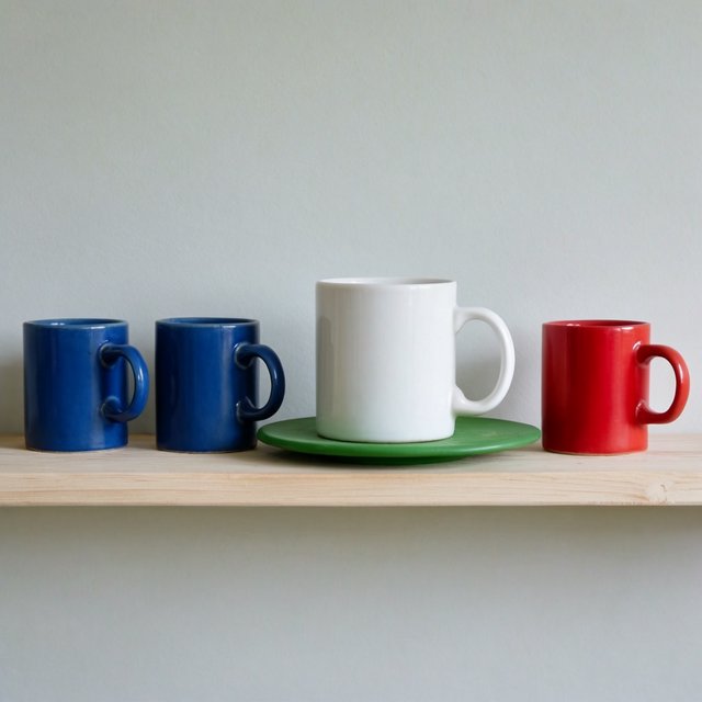 Exactly four ceramic mugs sit on a pale wooden shelf: two blue mugs on the left, one white mug in the center, and one red mug on the right. A green saucer is beneath the center mug, nothing else. — Krea 2 Large