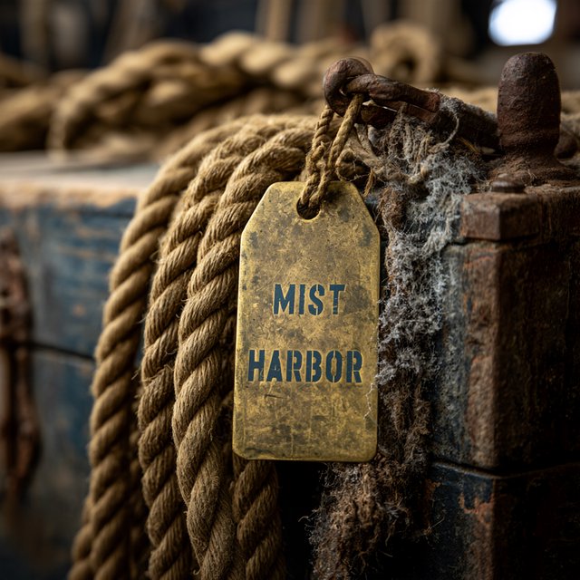 A brass luggage tag hangs from a weathered sea chest in a harbor loft, its face bearing “MIST HARBOR” in deeply stamped blue capitals; ropes and salt-crusted fittings surround it, with no other writing visible. — Midjourney V8.2