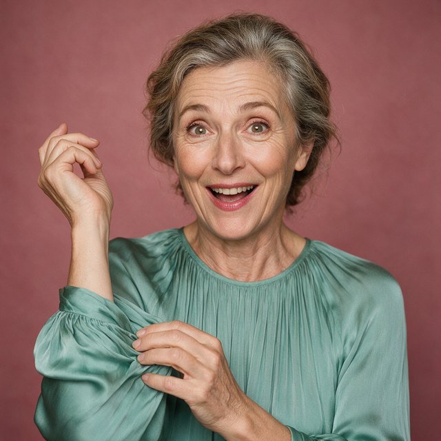 Portrait photograph of an adult woman in her early 60s wearing a softly pleated sea-green silk blouse, hands brushing its gathered sleeve fabric. Her amused, open expression stands against a matte rose backdrop, illuminated by broad, gentle studio light. — Seedream 5.0 Pro