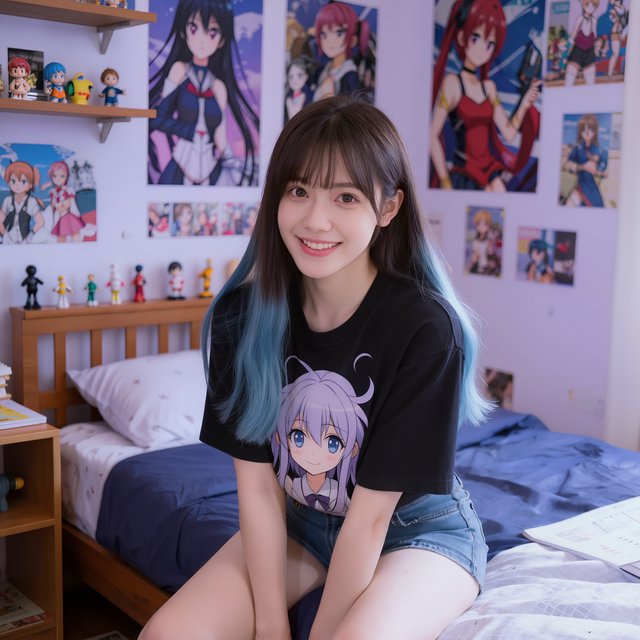 A young beautiful woman of Chinese descent, she is twenty years old, sitting in a bedroom, sitting on the edge of her bed. She is wearing a black anime-themed shirt and denim shorts. She has dark brown hair with light blue highlights, brown eyes, pale skin. Her bedroom has anime- and video game-inspired posters and trinkets. Looking at the viewer, smiling. — Kling v3