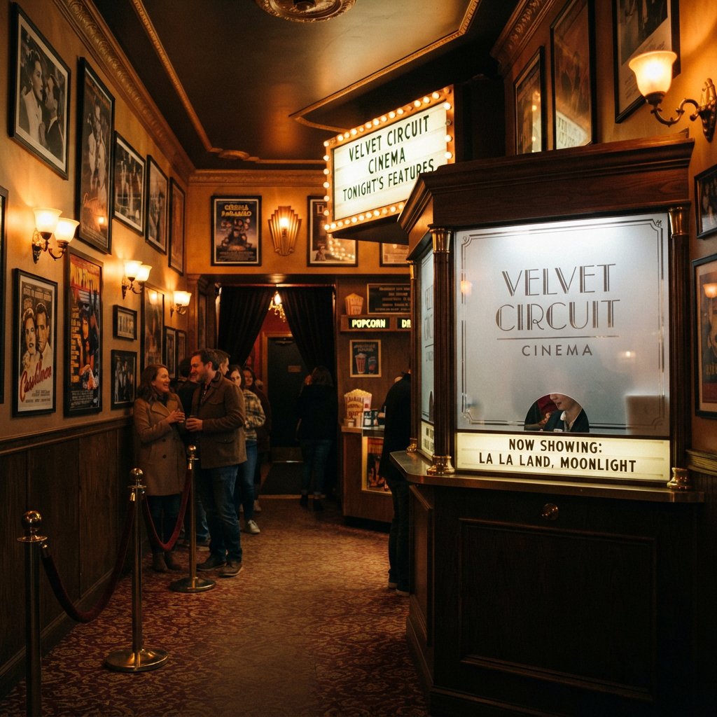 A narrow neighborhood cinema lobby glows with amber sconces, velvet ropes, and framed film stills; "VELVET CIRCUIT" is etched in elegant silver lettering across the frosted glass ticket-booth window. — Nano Banana 2 Lite